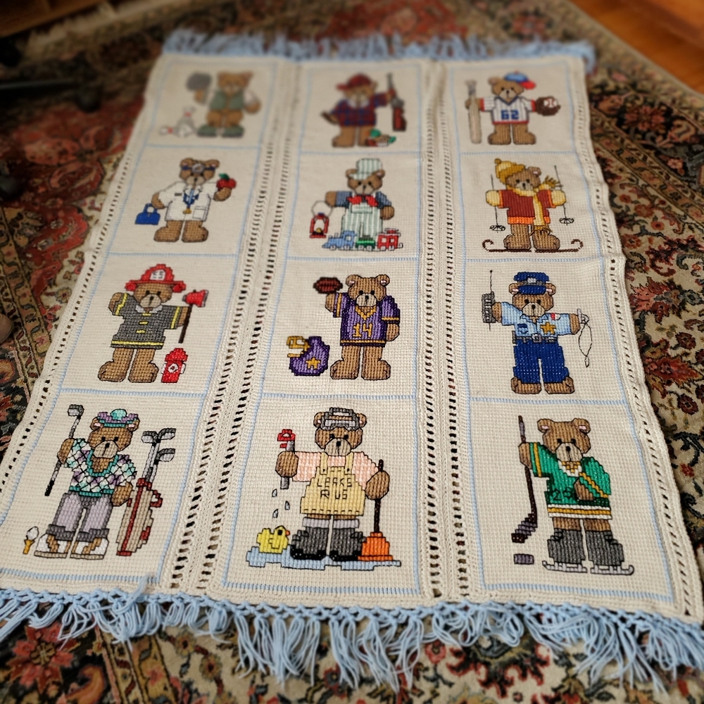Handmade Bear Tapestry Crochet Blanket with Fringe